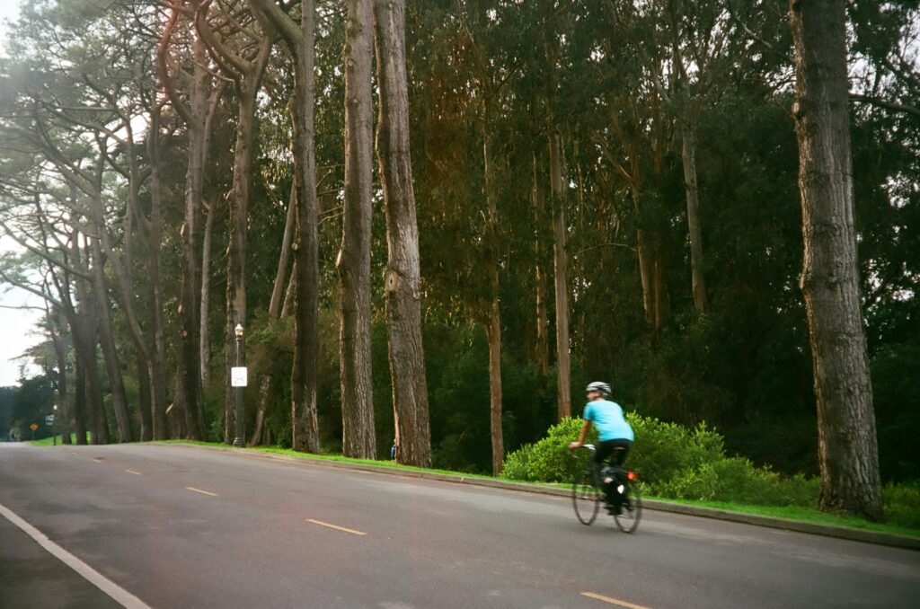Cyclist on a tree-shaded paved rail trail